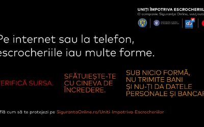 Campanie națională pentru combaterea escrocheriilor: Poliția, DNSC, ARB și Mastercard unesc forțele pentru protejarea cetățenilor Într-un context în care frauda și înșelătoriile devin tot mai sofisticate, autoritățile și partenerii din domeniul financiar lansează o campanie națională menit să crească nivelul de conștientizare a consumatorilor cu privire la riscurile existente și modul de evitare a escrocheriilor