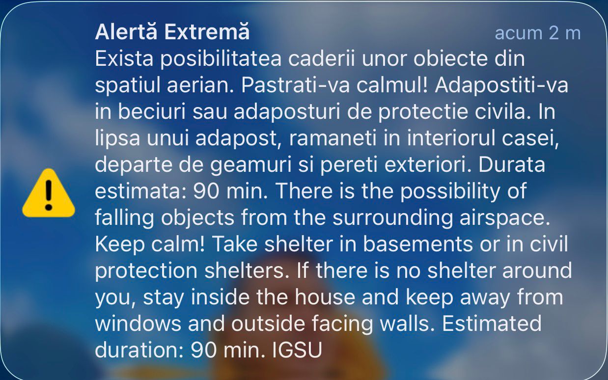 Situație de urgență în Tulcea: obiecte din spațiul aerian ar putea cădea pe sol, autoritățile em item un mesaj RO-Alert Locuitorii din zona de nord a județului Tulcea au fost recent avertizați de autorități despre un eveniment neașteptat ce poate avea consecințe grave