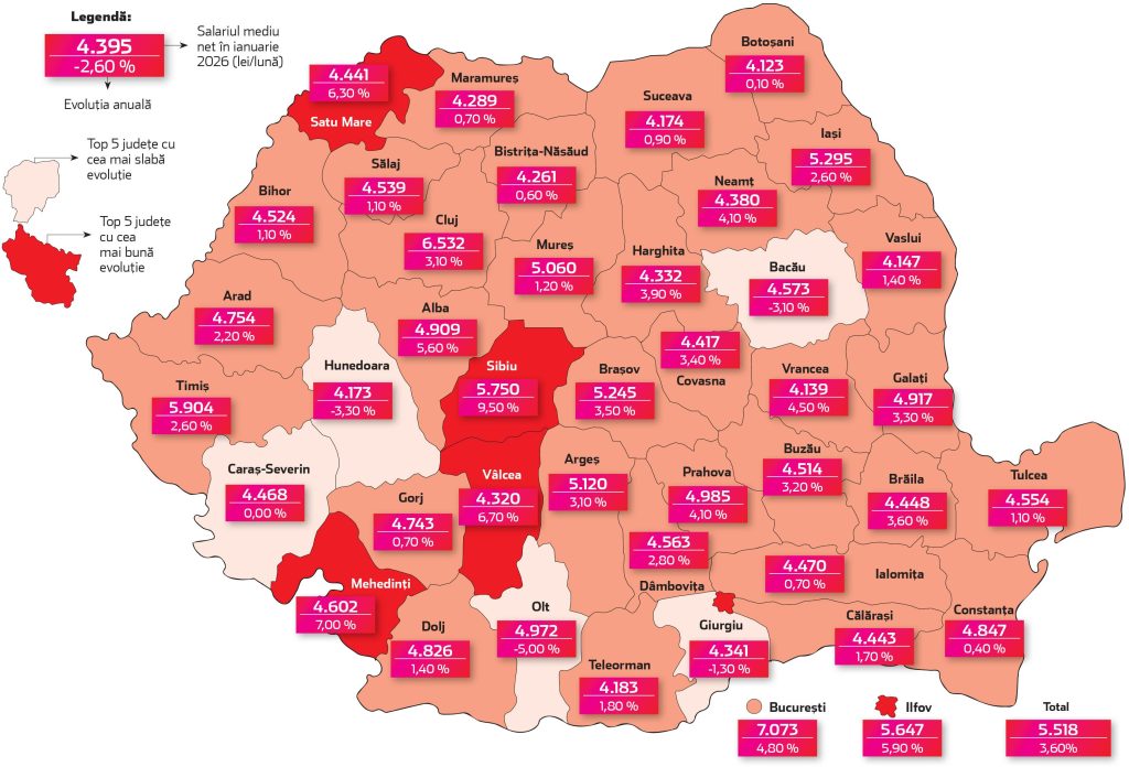 Harta salariilor în 2026: Patru județe, cu venituri sub cele de anul trecut