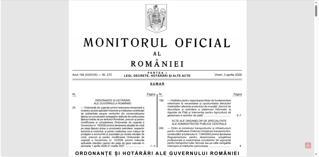 OUG 24/2026 în Monitorul Oficial: reducere a accizei la motorină și contribuție de solidaritate pentru companiile petroliere