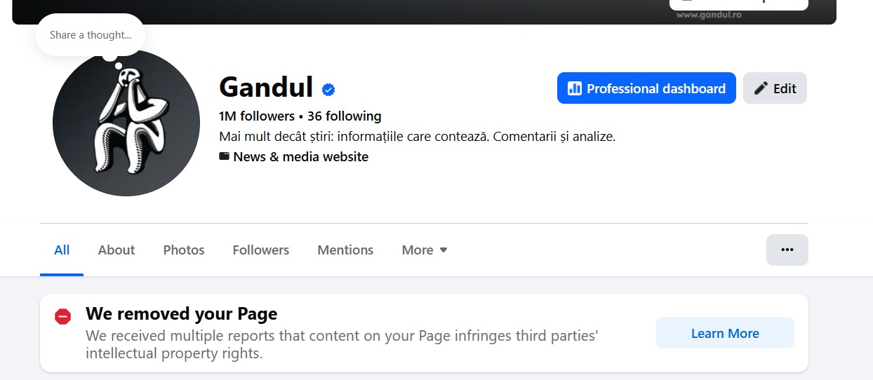 Gândul, victima Facebook: Pagina cu 1 milion de urmăritori, închisă!