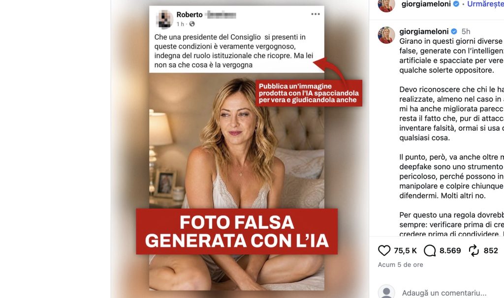 Meloni, victima AI: Deepfake cu premierul în lenjerie, scandal uriaș