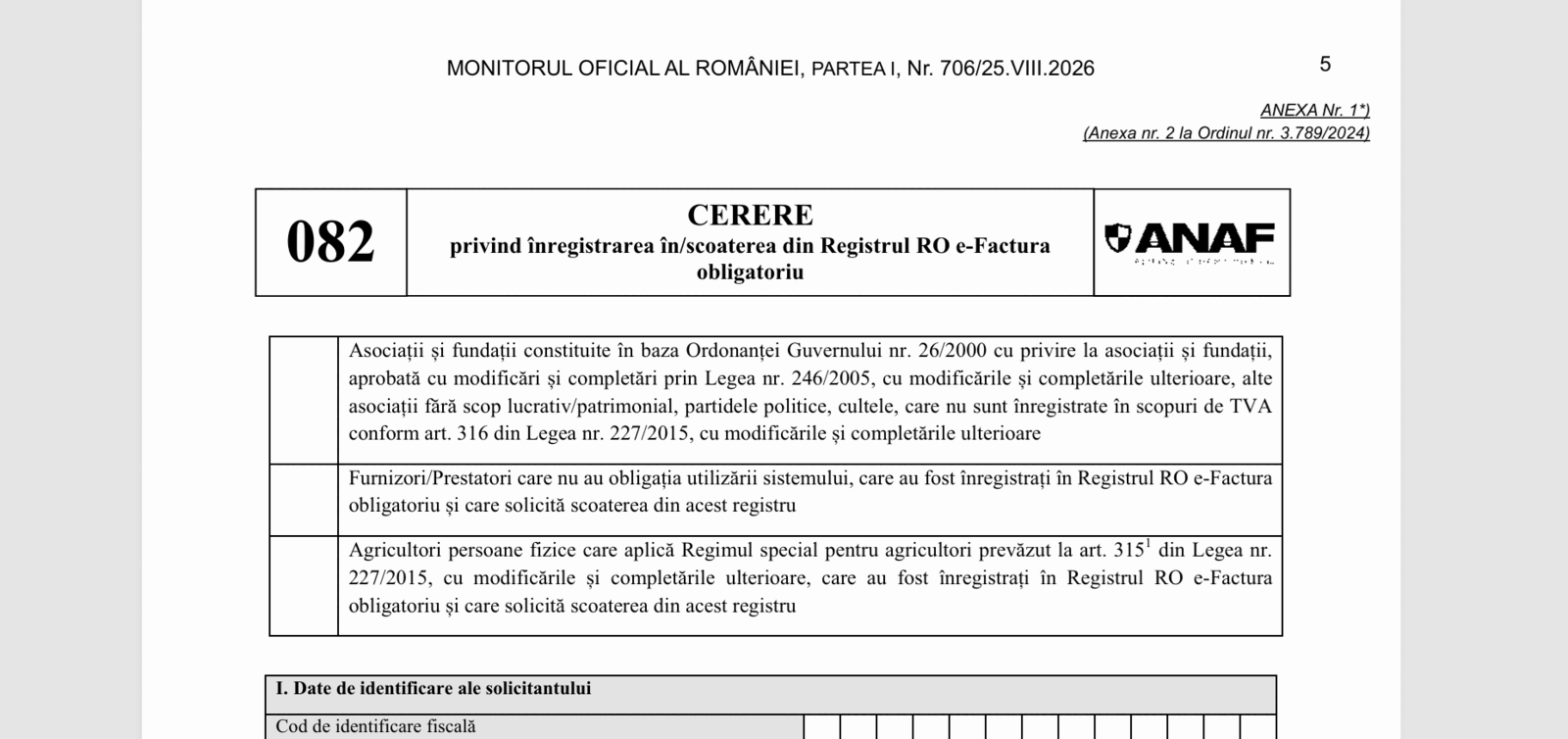 ANAF schimbă 082, RO e-Factura: Noul Ordin 1020/2026