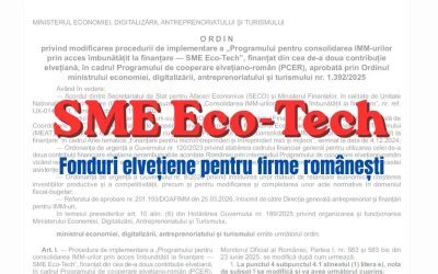 SME Eco-Tech: O condiție eliminată la fondurile elvețiene de 288 milioane lei